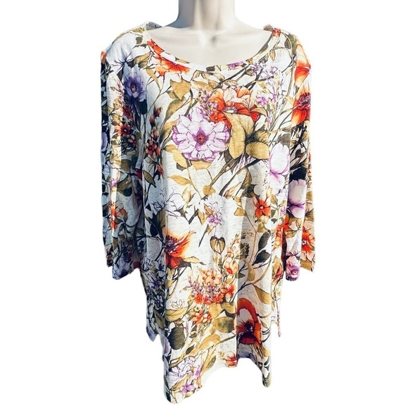 CHICO'S Cotton Blend Slun Tee Floral Botanical 3/4 Sleeve Tee Sz medium - Picture 1 of 8